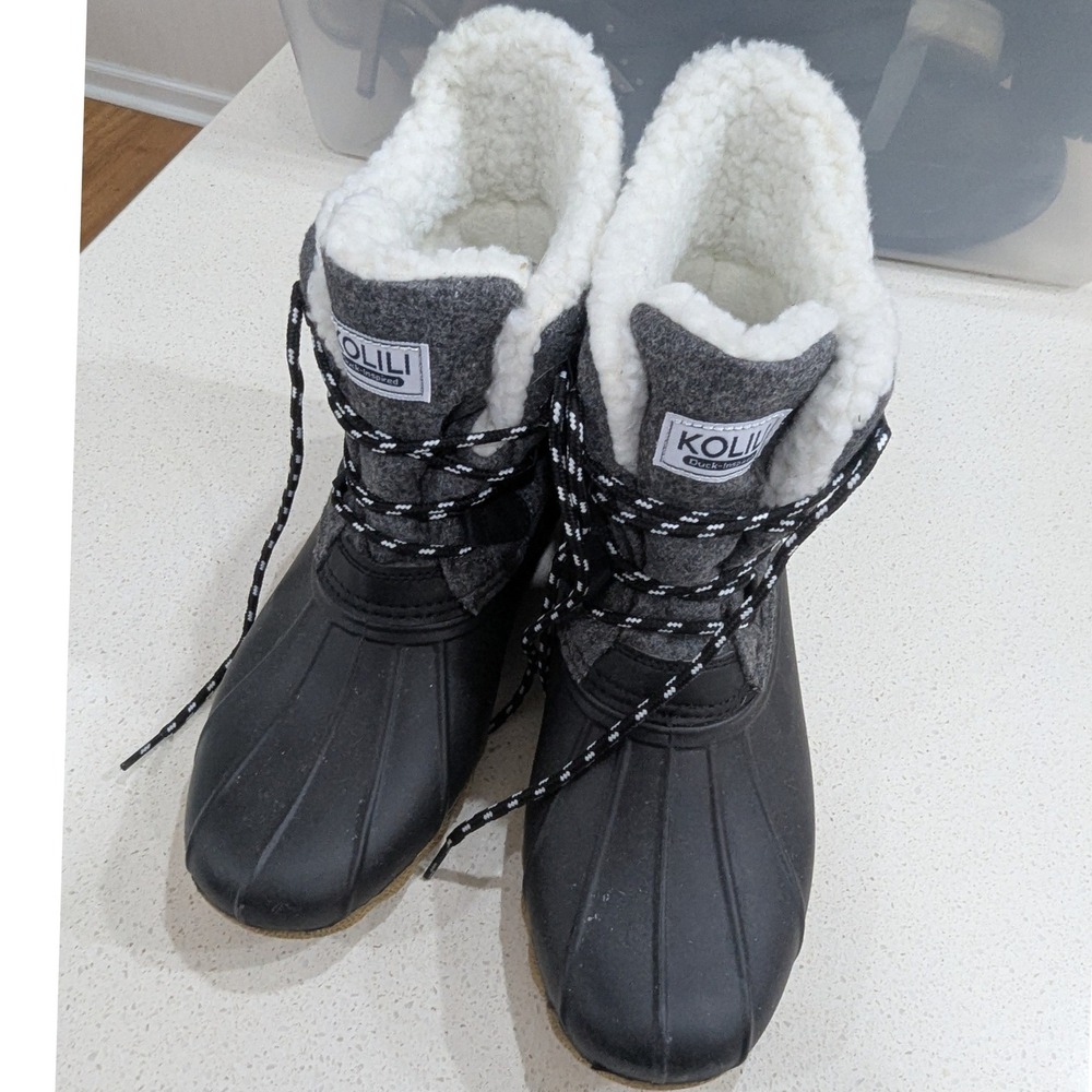 KOLILI Duck Boots Black Grey Felt Faux Fur Lined‎ Winter Snow Shoes Size 8